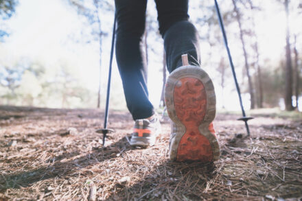 les pieds d'une personne pratiquant la marche nordique avec bâtons